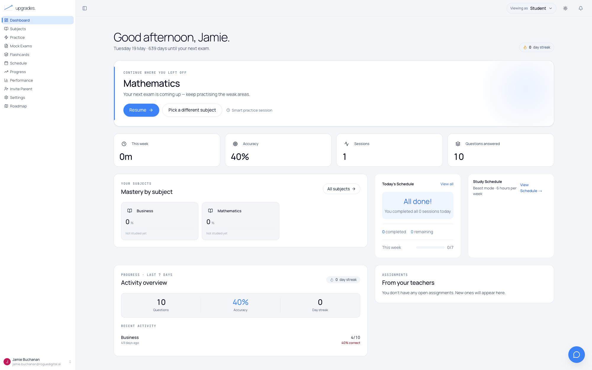 Student dashboard showing subject mastery rings and a queue of recommended practice sessions.